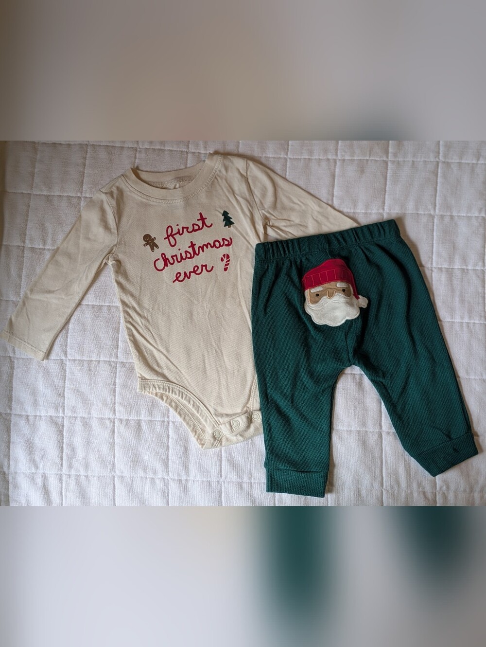 Carter's Green & Cream Holiday Bodysuit with Festive Stitching - First Christmas